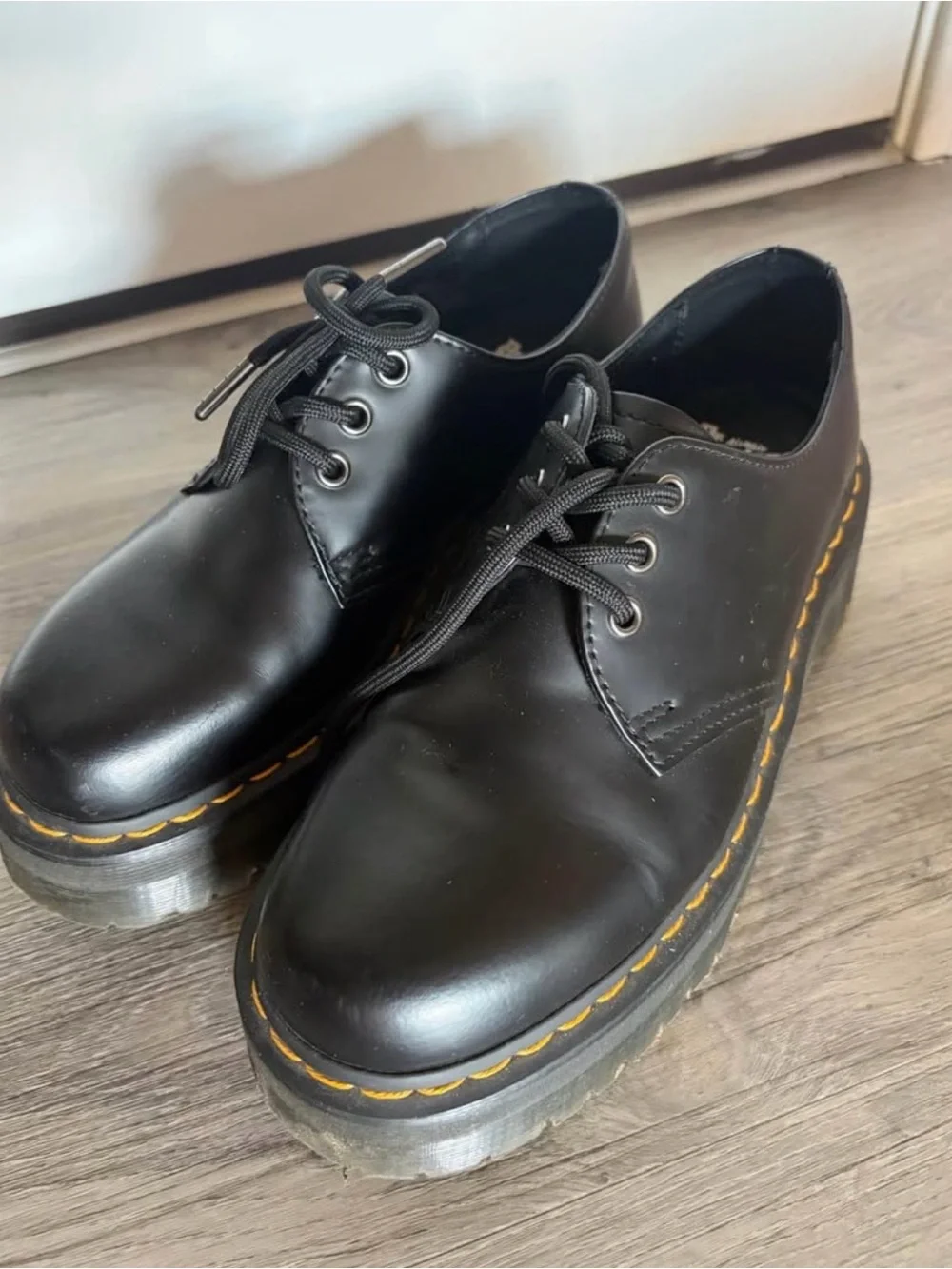 Black Leather Lace-Up Platform Shoes with Yellow Stitch Detail doc martens